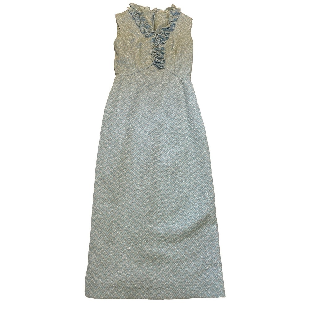 Vtg 70s Light‎ Blue & Silver Metallic Sparkle Maxi Formal Dress Sz Small Petite